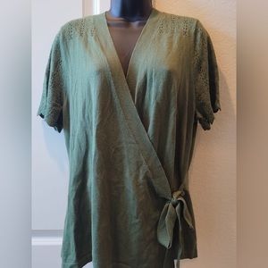 Womens Lane Bryant  Wrap Tie Tee Shirt Olive Green Short Sleeve V-Neck 14/16
